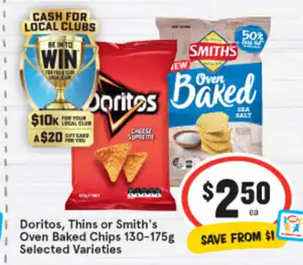 IGA Doritos, Thins or Smith's Oven Baked Chips 130-175g offer