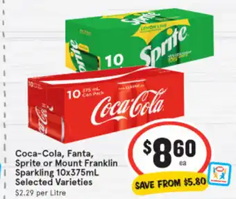 IGA Coca-Cola, Fanta, Sprite or Mount Franklin Sparkling 10x375ml offer