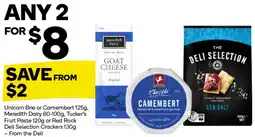 Woolworths Unicorn Brie or Camembert, Meredith Dairy, Tucker's Fruit Paste or Red Rock Deli Selection Crackers offer