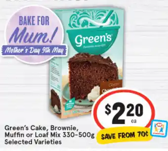 IGA Green's Cake, Brownie, Muffin or Loaf Mix 330-500g offer