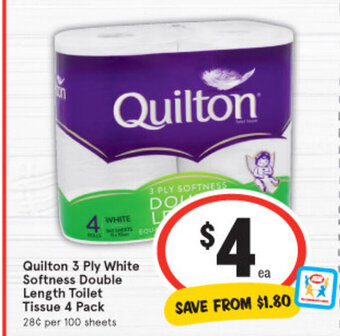 IGA Quilton 3 Ply White Softness Double Length Toilet Tissue 4 Pack offer