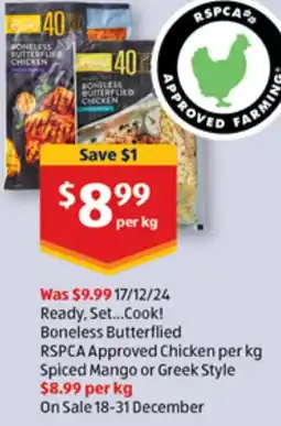 ALDI Boneless Butterflied RSPCA Approved Chicken per kg Spiced Mango or Greek Style offer