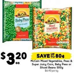 Drakes McCain Mixed Vegetables, Peas & Super Juicy Corn, Baby Peas or Sliced Beans 500g offer