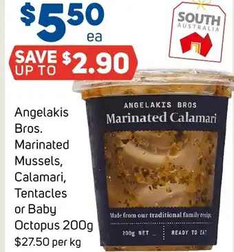 Foodland Angelakis bros marinated mussels, calamari, tentacles or baby octopus offer