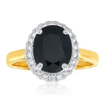 9ct yellow gold diamond + natural black sapphire ring