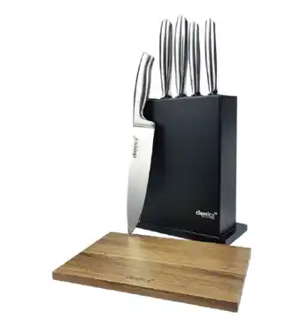 Harris Scarfe Classica 6pc black knife block set with acacia chopping board offer