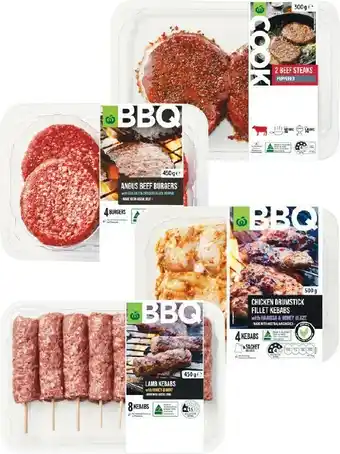 Woolworths Woolworths BBQ Burgers 400-500g, Kebabs 450- 500g, COOK Marinated Beef, Lamb or Pork Steaks 250-500g# offer