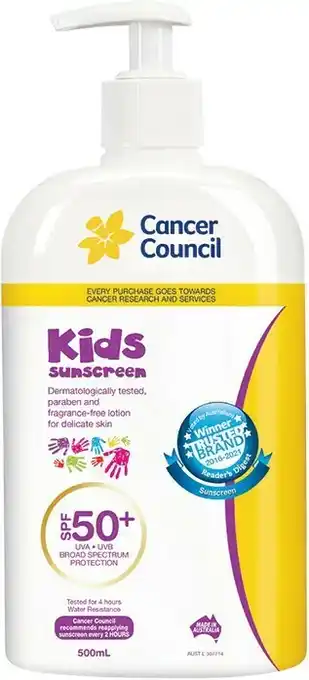 Woolworths Cancer Council Watersport SPF50+ Pump 500ml or Kids Sunscreen SPF50+ 500ml~ offer