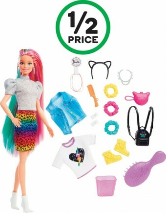 Woolworths Barbie Leopard Rainbow Hair Doll offer