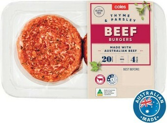 Coles Coles Beef, Thyme & Parsley Burgers 500g offer