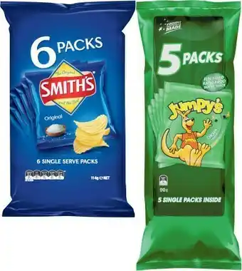 Coles Smith’s Chips 6 Pack 114g or Jumpy’s Snacks 5 Pack 90g or Cobs Popcorn 5 Pack 65g offer