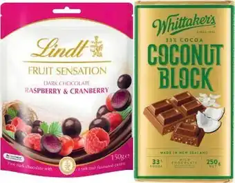 Coles Lindt Fruit or Crispy Sensation 140g-150g or Whittaker’s Block Chocolate 200g-250g offer