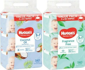 Huggies Baby Wipes Coconut or Fragrance Free 240 Pack