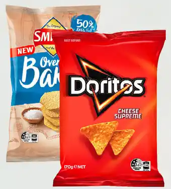 Drakes Doritos corn chips 150g-170g or smith's oven baked chips 130g offer