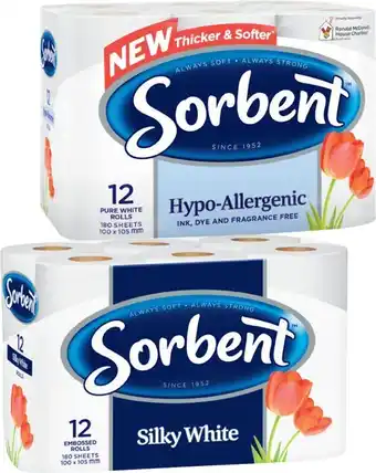 Coles Sorbent Toilet Tissue Hypo Allergenic or Silky White 12 Pack offer
