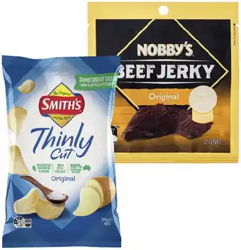 IGA Smith’s Thinly Cut Chips 175g or Nobby’s Beef Jerky 25g Selected Varieties offer