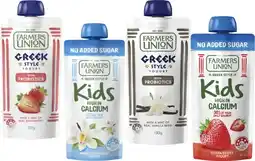 Coles Farmers Union Greek Style or No Added Sugar Yogurt Pouch 130g offer