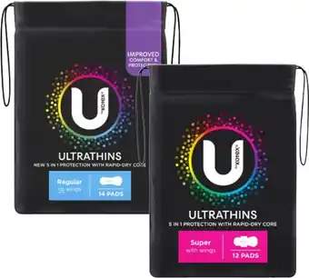 Coles U By Kotex Ultra Thin Pads with Wings Regular 14 Pack or Super 12 Pack offer