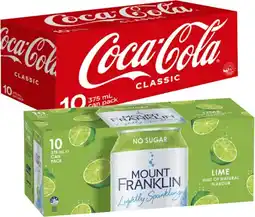 Coles Coca-Cola or Mt Franklin Lightly Sparkling Water Cans 10x375mL offer