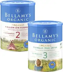 Coles Bellamy's Organic Step 2 Formula or Step 3 Milk Drink 900g offer