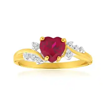 Shiels 9ct Yellow Gold Heart Created Ruby + Diamond Ring offer