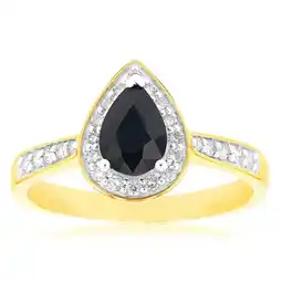 Shiels 9ct Yellow Gold 1ct Natural Sapphire and 1/5 Carat Diamond Pear Halo Ring offer