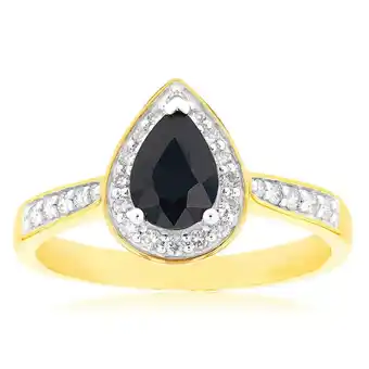 Shiels 9ct Yellow Gold 1ct Natural Sapphire and 1/5 Carat Diamond Pear Halo Ring offer