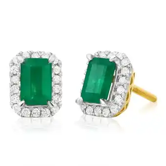 Shiels 9ct Yellow Gold 1.20 Carat Natural Emerald and 1/5 Carat Diamond Stud Earrings offer