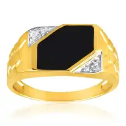 Shiels 9ct Yellow Gold Plain Onyx and Diamond Patterned Side Gents Ring offer