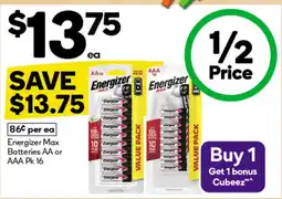 Woolworths Energizer Max Batteries AA or AAA offer