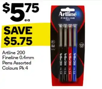 Woolworths Artline 200 Fineline 0.4mm Pens Assorted Colours Pk 4 offer