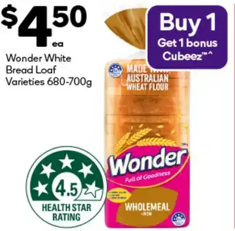 Woolworths Wonder White Bread Loaf Varieties offer