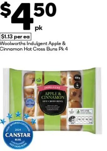 Woolworths Woolworths Indulgent Apple & Cinnamon Hot Cross Buns Pk 4 offer