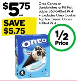 Woolworths Oreo Cones or Sandwiches or Kit Kat Sticks 360-540ml - Excludes Oreo Cookie Top Ice Cream Cones 400ml offer