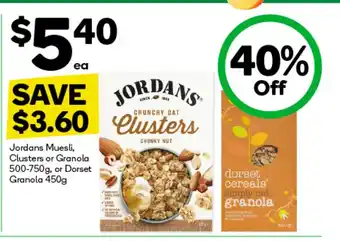 Woolworths Jordans Muesli, Clusters or Granola 500-750g, or Dorset Granola 450g offer