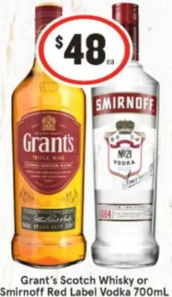 IGA Grant's Scotch Whisky or Smirnoff Red Label Vodka offer