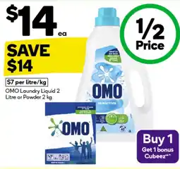 Woolworths OMO Laundry Liquid 2 Litre or Powder 2 kg offer