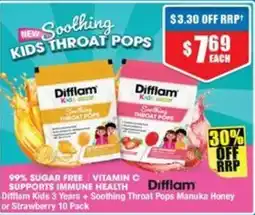 Chemist Warehouse Difflam Kids 3 Years + Soothing Throat Pops Manuka Honey or Strawberry offer