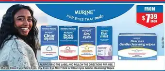 Chemist Warehouse Murine Clear Eyes, Sore Eyes, Dry Eyes, Eye Mist 15ml or Clear Eyes Gentle Cleansing Wipes offer