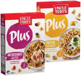 IGA Uncle Tobys Plus Cereal 410‑435g Selected Varieties offer