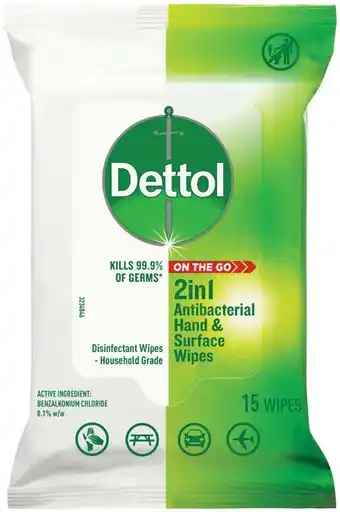 IGA Dettol 2in1 Antibacterial Hands & Surface Wipes 15 Pack offer