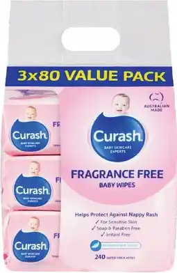 healthylife Curash Baby Fragrance Free 3 x 80 Baby Wipes offer