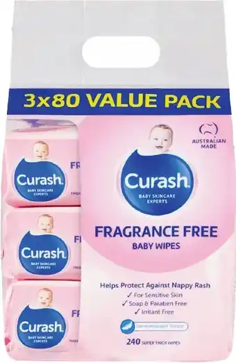 healthylife Curash Baby Fragrance Free 3 x 80 Baby Wipes offer