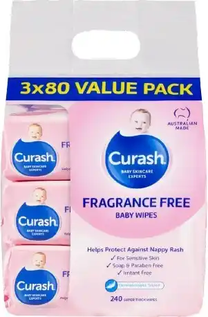 healthylife Curash Baby Fragrance Free 3 x 80 Baby Wipes offer