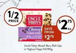 Foodworks Uncle Tobys Muesli Bars Roll Ups or Yoghurt Topps offer