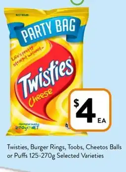 Foodworks Twisties Burger Rings Toobs, Cheetos Balls or Puffs offer