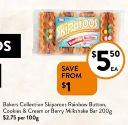 Foodworks Bakers Collection Skiparoos Rainbow Button Cookies & Cream or Berry Milkshake Bar offer