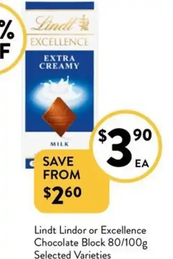 Foodworks Lindt Lindor or Excellence Chocolate Block offer