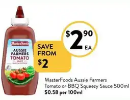 Foodworks MasterFoods Aussie Farmers Tomato or BBQ Squeezy Sauce offer