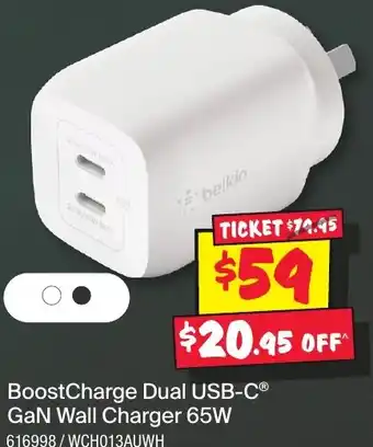 JB Hi-Fi BoostCharge Dual USB-C GaN Wall Charger 65W offer